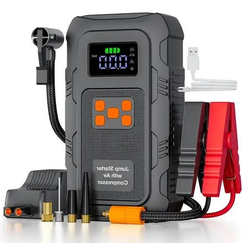 HPBS Multifunctional 16000mAh 12V Portable Jump Starter with 150PSI Air Compressor, LED Flashlight, Tire Inflation, Safety Protection for 10.0L Gas Engines (Orange) - Charges Electronic Devices,toolupgrade