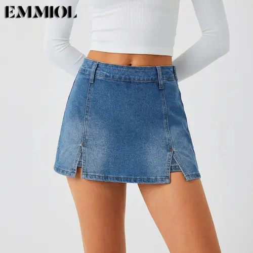 EMMIOL Denim Mini Skirt for Women - Mid-Low Waisted Stretch Side Zipper Skort Y2k Casual Jean Skirts with Shorts Underneath Summer vibes SohoChic