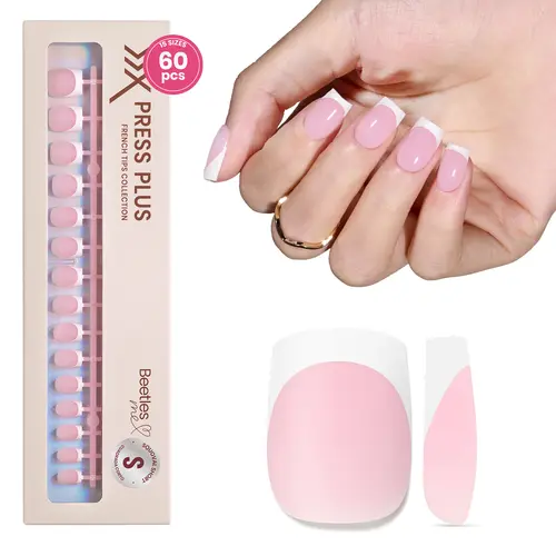 [Exclusive to TTS]Beetles French Tips Press On Nails: Pink Short Long Square Press On Nails Fake Nail Tips, Soft Gel Nail False Nails Art DIY Gifts For Women, Acrylic Nails, Press On Nails Acrylic, Easy Nail Art, Box Set