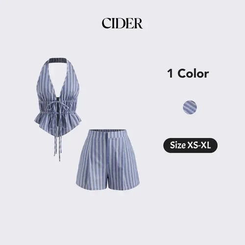 Cider Cotton-blend Halter Neckline Stripe Tie Front Shirred Top &  Mid Rise Shorts Set SohoChic