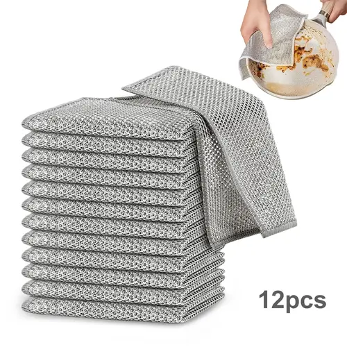 12 PCS Multipurpose Non-Scratch Wire Dishcloths - Double-Layer Reusable Dishwashing Rags for Wet & Dry Use, Reusable Quick-Dry Odor-Free Scrub Cloths for Dishes, Kitchen Cleaning Cloths for Cookware, Sinks, Stove Tops(7.8X7.8)