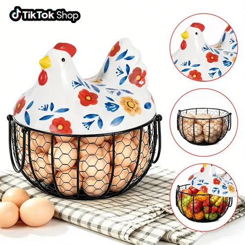 Farmhouse French Country Ceramic Chicken Egg Basket with Metal Wire Lid - Solid & Refined Ceramic Body, Daily Stylish Egg Storage, Fruit Basket, Fruit & Veg Corral, Rustic Home Decor Kitchen Organizer
