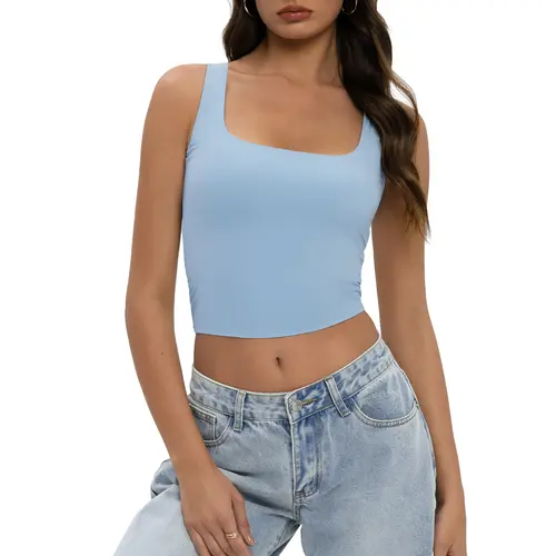 Tournesol Sleeveless Strappy Tank Square Neck Double Layer  Women Strappy Crop Cami Fitted Workout Casual Basic Summer Tank Top 018