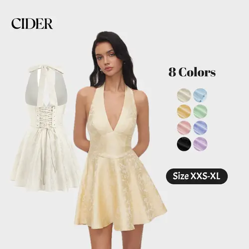 Cider Jacquard Sculptural Halter V-neck Lace Up Backless Ruffle Mini Dress SummerFinds SohoChic