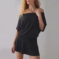 FISOEW Women's Casual Black Draped Off-The-Shoulder Mini Dress - 2026 Spring Summer Stripes Breathable Basic Fabric Clothes for Women, Ideal for Beach Vacations & Parties