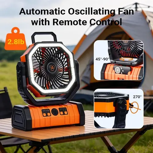 Qawtor Camping Fan with 20000mAh Battery – Rechargeable & Portable Tent Fan with Remote Control, Hanging Hook, Cordless Outdoor Fan Orange, Summervibes, Fathersdaygift, DealsForYouDays