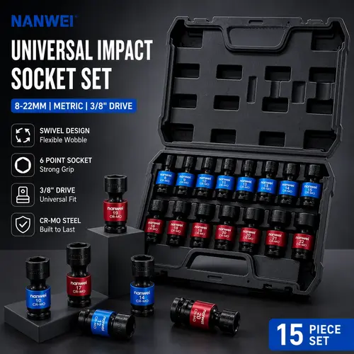 NANWEI Multifunctional Socket Wrench Kit - Cr-MO Steel Hex Socket Set, 6-Point Multi-Size 8-22mm Metric Tools, Flexible Wobble Universal Drive, Shallow Work Tools for Car Mechanics