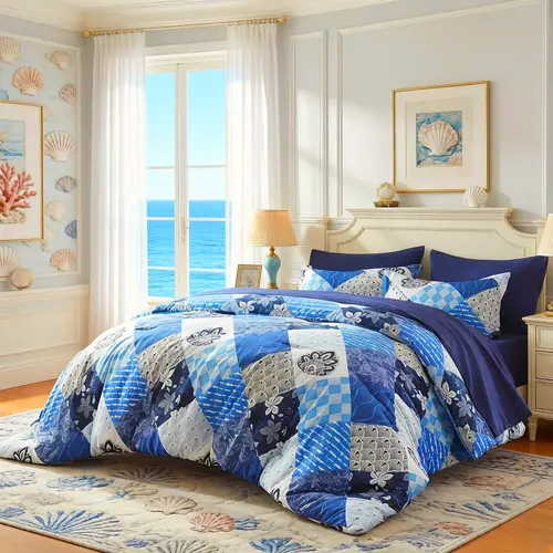 Cosybay Queen 7pcs Boho Comforter Set - Vintage Flower Patches Bedding, Fitted Sheet (Fits 6-15 in Mattresses), Cozy Fresh Sheets, Pillowcases, Ideal for Master Bedrooms, Dorms, Housewarming Gift,sohochic