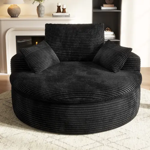 COPIAE 59" Oversized Round Corduroy Chaise Lounge Chair, Double-Layer Upholstered Cushion Sofa Bed with 2 Throw Pillows & Back Pillow for Living Room, No Assembly Required,dorm essentials,home decor,sohochic