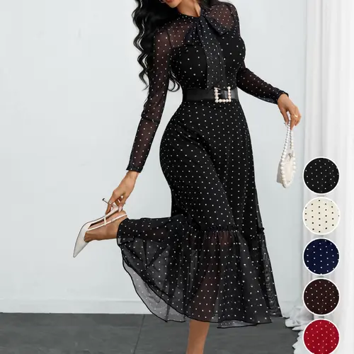 Women's Elegant Vintage Polka Dot Long Sleeve Sheer Mesh Bow Tie Formal Office Siren Dress, Stylish Workwear, No Belt Included, Perfect for Business