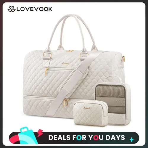 LOVEVOOK Travel Duffle Bag for Women, Weekender Overnight Bag with Shoe Compartment, Carry on Bag with Toiletry Bag, Gym Duffel Bag with Wet Pocket, Hospital Bags for Labor and Delivery 3 Pcs Set
