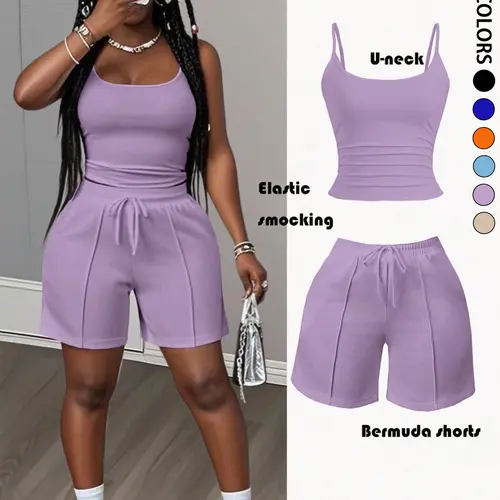 2pcs/Set Women's Summer Casual Basic Sports Style U-Neck Camisole & Sweat Shorts, Women's Solid Color Set, Comfortable Daily Wear, Stylish and Versatile Activewear Set, Sport Casual Outfit, Perfect for All Seasons