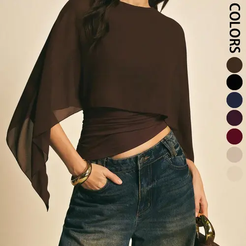 Elegant Minimalist Asymmetrical Basic Blouse Shirts for Women, Round Neck, Batwing Sleeve Design, Perfect for Daily Wear & Casual, Stylish Ladies' Top