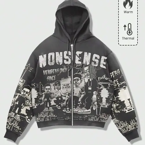 Street Style Zipper Hoodie, Cartoon Graffiti Print Nonsense Streetwear, Loose Fit Fall & Winter Casual Fashion Long Sleeve, All over Pop Art Design Sweatshirts, Full Print Hoodie, Casual Hooded Sweatshirt, Hoodie Clothing Tops