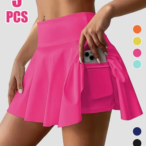 Women's 2 in 1 High Waist Solid Color Skort 3 Piece Activewear Set, Flowy Stretchy Flared Mini, Cheeky Sports Shorts, Polyester Mix, Basic Look, Pocket Design for Yoga Gym Workout Summer
