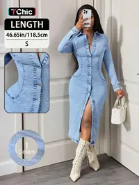 Elegant Summer Women's Dress, Slim-Fitting Long Sleeve Denim Dress, Casual Solid Color, Front Button Design, Daily Wear