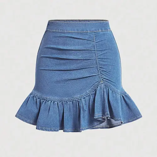 Women's Denim Ruffle Hem Bodycon Skirt, Fitted Skirt with Elastic Waist, Solid Stretch Skirt, Casual Cute Aesthetic Fashionable Skirt for Spring and Summer