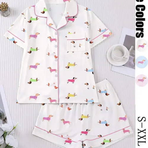 Women's Cartoon Dog Print Sleepwear Set, Casual Fitted Short Sleeve Top & Elastic Shorts, Comfortable Home Wear for Spring & Summer, Pajama Set, Soft Sleepwear & Loungewear, Loungewear Outfit, Lounge Pjs Set
