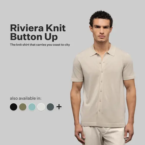 Cuts | Men's Riviera Knit Button Up Shirt | Fitted Short Sleeve Cotton Blend with Spread Collar | Breathable Lightweight Stretch