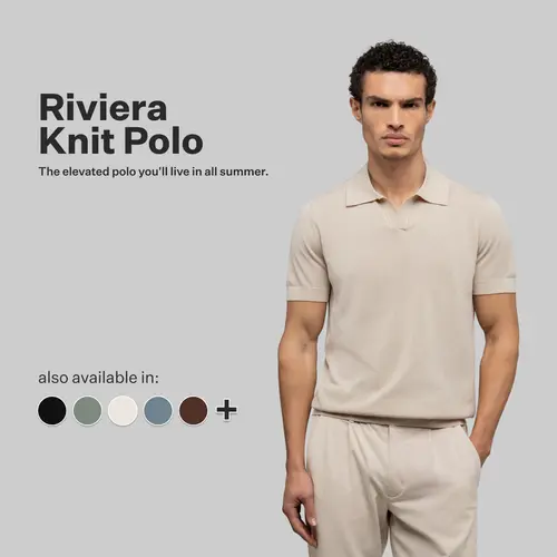 Cuts | Riviera Knit Collection | Men's Cotton Blend Knit Polo Shirt | Breathable Lightweight V-Neck with Ribbed Hem - Sand Dune / Black / Pacific / Isle Blue / Urban Chic / Nimbus / Capers, Menswear, Shortsleeve