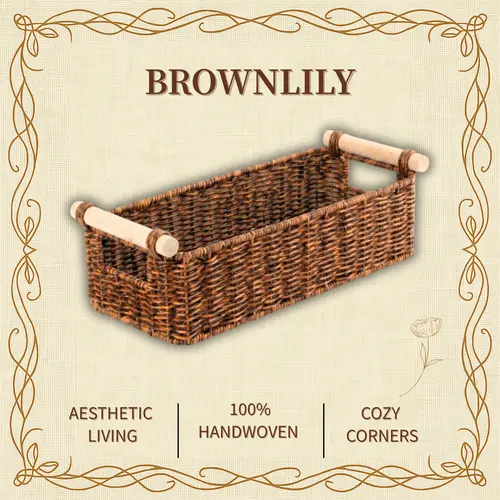BROWNLILY Classic Handwoven Wicker Toilet Storage Basket - Waterproof, Space-Saving Rectangular Bathroom Organizer with Wooden Handle for Toilet Paper, Towels (Faux Rattan Woven Storage Basket)