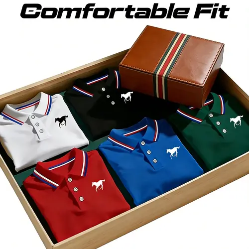 Men's Breathable Summer Polo Shirt Set, Casual Fashion Short Sleeve Horse Print Striped Trim Collar Golf Shirts, Tops