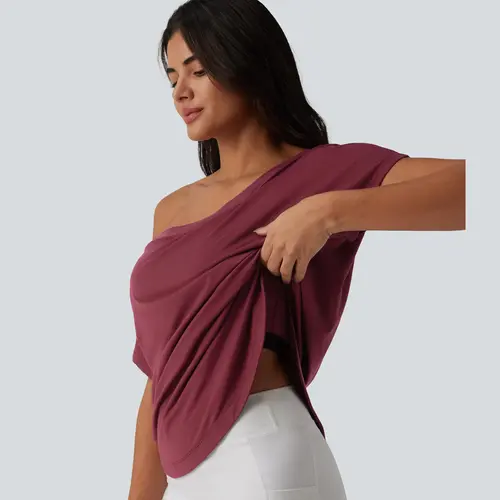 【Creator’s Pick】Halara One Shoulder Short Sleeve Curved Hem High Low Quick Dry Yoga Sports Top-Built-in Bra