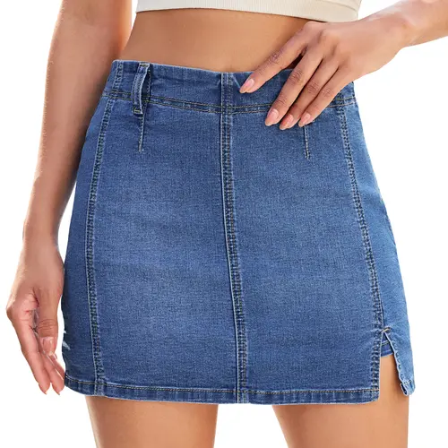 luvamia Jean Skorts for Woman High Waisted Side Slit Mini Short Skirt with Shorts Stretchy Denim Skirts Country Concert Minimalist