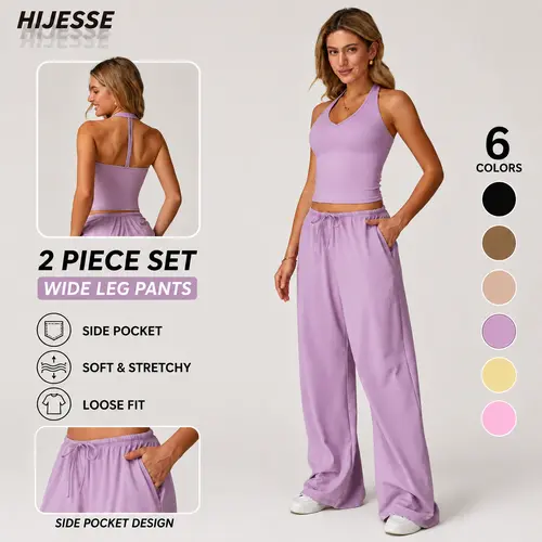 Hijesse  Women's Spring Summer Casual Solid Color Pocket Set, Sleeveless Top & Loose Pants, Comfortable for Daily & Work Wear