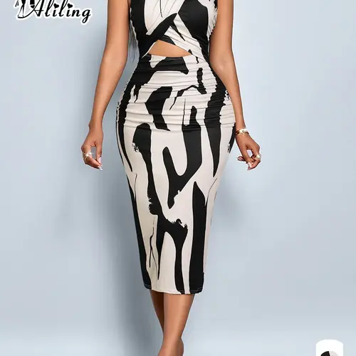 Aliling Elegant Summer Casual Women's Printed Dress, Stand Collar Sleeveless Cut Out Bodycon Slim Fit, Fashionable Long Dress for Ladies, Chic Trendy Dress