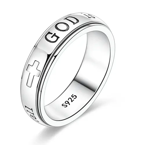 MULA Women's 925 Silver-Plated Spinner Ring, Christian Fidget Jewelry with Engraved Psalm 46:5 Verse and Holy Cross for Anxiety Relief, Inspirational Message Gift for Resilience, Strength, Gift Of Encouragement, Calming Spinner