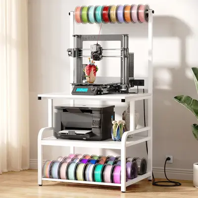 Homieasy Sturdy 3D Printer Stand Filament Storage Rack with Charging Station, Heavy Duty 3D Printer Table with 4-Tier Storage Shelves for PLA, ABS, PETG, Large Rolling Printer Cart with Filament Storage for Office, Workshop, Garage