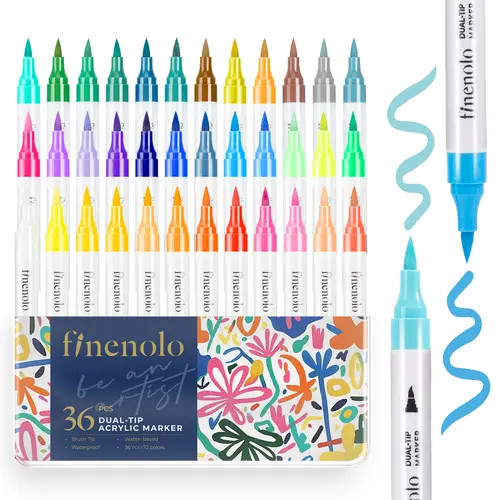FINENOLO Dual Tip Acrylic Paint Markers Set (24/48/72 Count) - Brush & Fine Tip Art Materials, Art Painting Supplies for Rock & Ceramic Use, Wood Canvas Glass DIY Crafting Fun, Metallic Pens with Storage Box