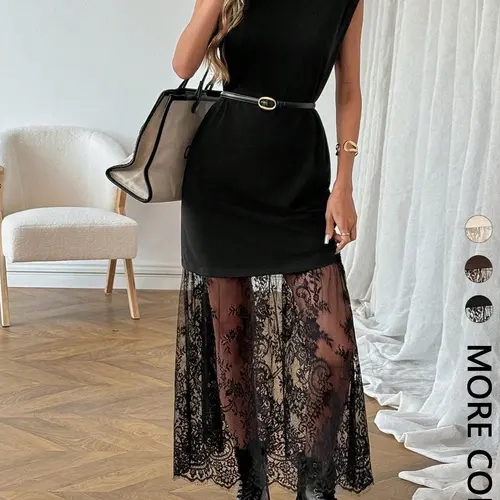 Spring-Summer Lace Hem Midi Dress for Women, Sheer Floral Lace Cap-Sleeve Round Neck Elegant Classy Flattering Formal Casual Dress, Old-Money Chic Style for Office, Date Night and Vacation (No Belt Included)