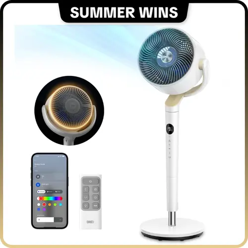 DREO Smart Pedestal Fan for Bedroom - Apartment Stuff, 37-42 in Adjustable Height, 120°+120° Omni-Directional Oscillation, 20dB Quiet, 9 Speeds, 6 Modes, 8H Timer, Wireless Color Changing RGB Light, Wi-Fi Voice & Amazon Alexa Control, Remote Included