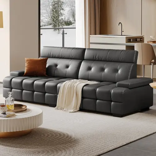 COPIAE [2 Packages Shipping] 102.4" Mid-Century Cozy Sofa, Faux Leather Oversized Couch with Adjustable Headrest & Seat Depth, Mid Century Modern/Large Size Living Room Furniture, Sofas for Living Room,sohochic