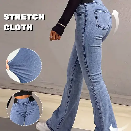 GILIPUR Women's Basic Solid Color Washed High Waist Elastic Waistband Flare Jeans, Slim Fit Tummy Control High Stretch Bell Bottom Denim Pants with Pockets, Casual Vintage Streetwear Daily Commute Vacation Outfits for Women TChic Flared