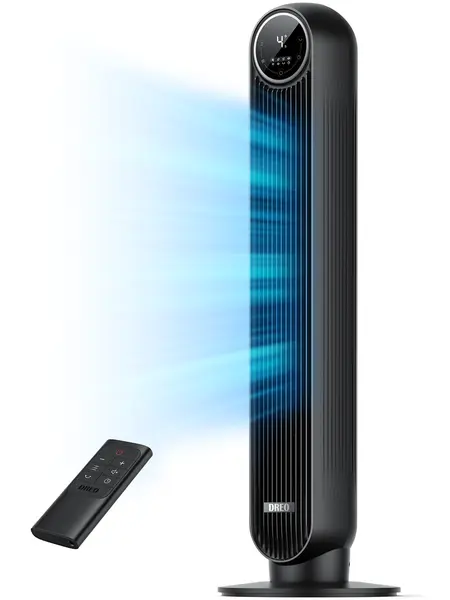 DREO Tower Fan for Bedroom, 2026 Upgraded DC Motor, 28ft/s High Velocity, 20dB Ultra Quiet Standing Fan, 8 Speeds & 4 Modes, 90° Oscillating Bladeless Floor Fan for Indoor Use, with Remote Control, Black
