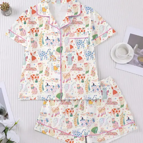 Women's 2-Piece Short Sleeve Sleepwear Loungewear Set, Cute Cat Family Design, Elegant Casual Set for Vacation, Comfortable Lapel Top & Wide Leg Shorts, Pajama Set