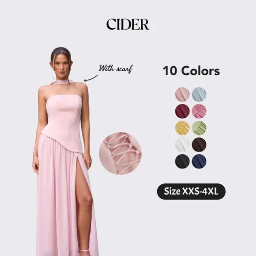 Cider Elegant Vacation Bandeau Dress for Beach Holiday, Sexy Lace Up Maxi Dresses, Ladies Sundress with Scarf, Summer Party Gowns SohoChic