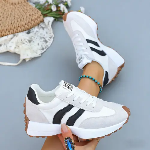 Women's Closed Round-Toe Platform Fabric Casual Sneakers - Color-Blocked Lace-Up Walking Shoes, Breathable Non-Slip Sports Shoes for Cross-Training, Spring-Autumn Outdoor Runner & Casual Outings, Trainer, Footwear, Athletic, Shoes For Women