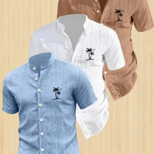 Men's Summer Short Sleeve Shirt Set, Lightweight Breathable Pure Color Print Stand Collar Casual Button-Up Top, Tropical Beach Vacation Pool Party Casual Everyday Wear Menswear, Casual Summer Clothes, Summer Apparel
