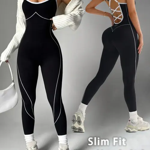 Women's Seamless Colorblock Yoga Sporty Jumpsuit, Adjustable Straps, Criss Cross Back Design, Sleeveless, Above Ankle, All Seasons, Workout Jumpsuit