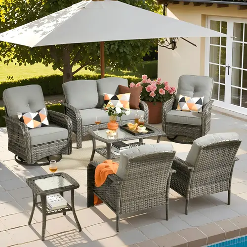 【SohoChic Sale】OVIOS 7-Piece Outdoor Patio Furniture Set with Swivel Rocking Chairs & Coffee Table, All-Weather Wicker Rattan Sofa Conversation Set with Cushions for Backyard, Patio, Porch, Deck & Garden