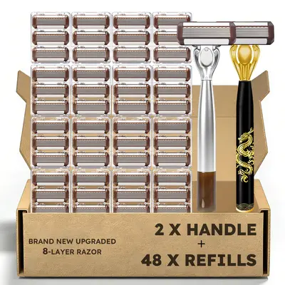 Men's Shaving Set - 48/24 Pcs 2026 Upgraded 8-Layer Precision Razors with Steel Blades, Lubricating Strips for Smooth Painless Shaves, 2 Handles, Refill Razors Ideal for Facial Grooming & Gifting, Hair Removal