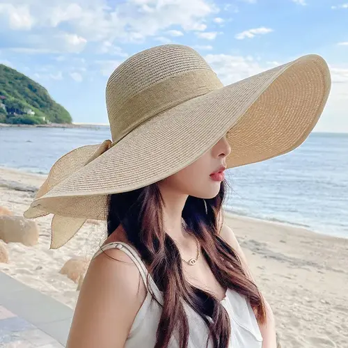 Women’s Oversize Bow Accent Light Straw Beach Hat - Fashionable, Breathable, UV Prevention Wide-Brim Sun Protection Accessory for Summer Outdoor Use (Bag Charm & Twilly Compatible), Fashionable Hats, Hats For Women