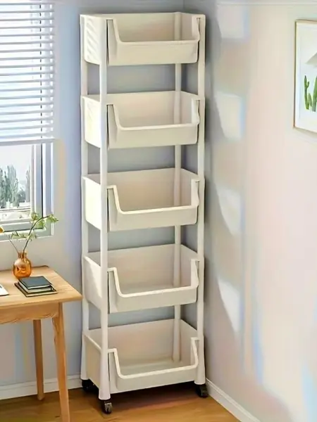 Multifunctional Multi-Layer Plastic Storage Cartwith Wheels, Layered Shelf Organizer for BedroomKitchen Bathroom Living Room  Adjustable Dividers Beige