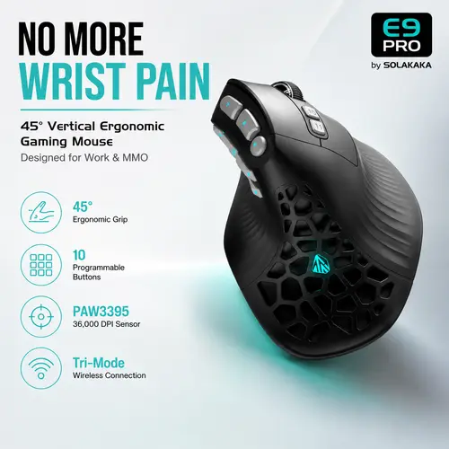 SOLAKAKA E9 PRO Vertical MMO Gaming Mouse - Lightweight Ergonomic Gaming Mouse with 10 Side Buttons,PAW3395 36000 DPI Sensor,45°Grip,Tri-Mode 2.4G/BT/Wired, RGB,1000mAh Rechargeable Mouse for PC/Mac - Black summerwins