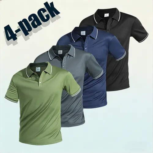 Men’s Polo Shirt with Contrast Trim, Green/Gray/Navy Blue/Black, Casual Short Sleeve (Pack of 4),sohochic