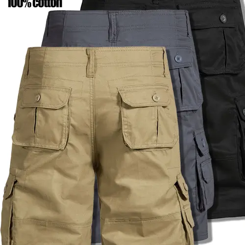 Men’s 3-Pack Multi-Pocket Cargo Shorts, 100% Pure Cotton, Wrinkle-Resistant & Durable, Suitable for Running, Travel, Hiking, and Everyday Commuting; Versatile, Breathable, Comfortable, Ideal for Outdoor Sports